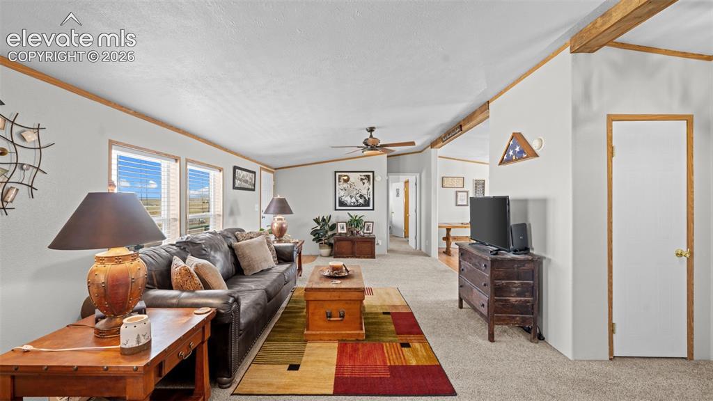 Image 8 of 40: Living area featuring light gray walls with wood trim, wall-to-wall carpeti