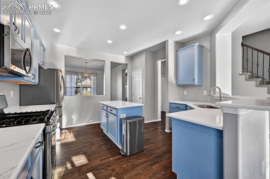 Image 19 of 50: Kitchen featuring blue cabinetry, stainless steel appliances, dark wood-typ