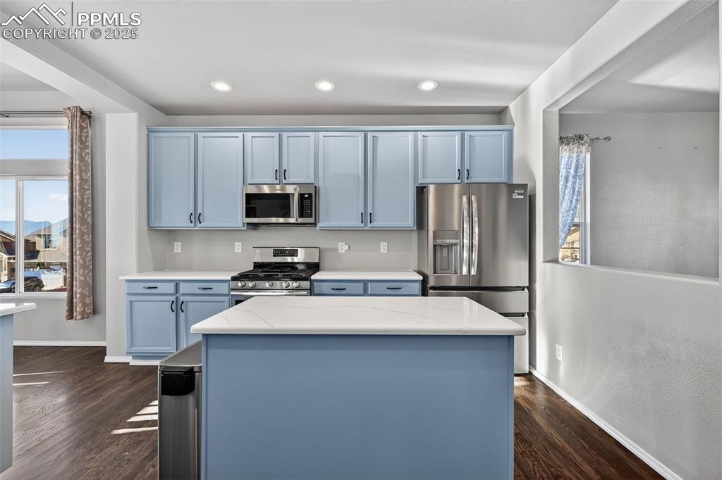 Image 21 of 50: Kitchen with blue cabinets, stainless steel appliances, recessed lighting, 