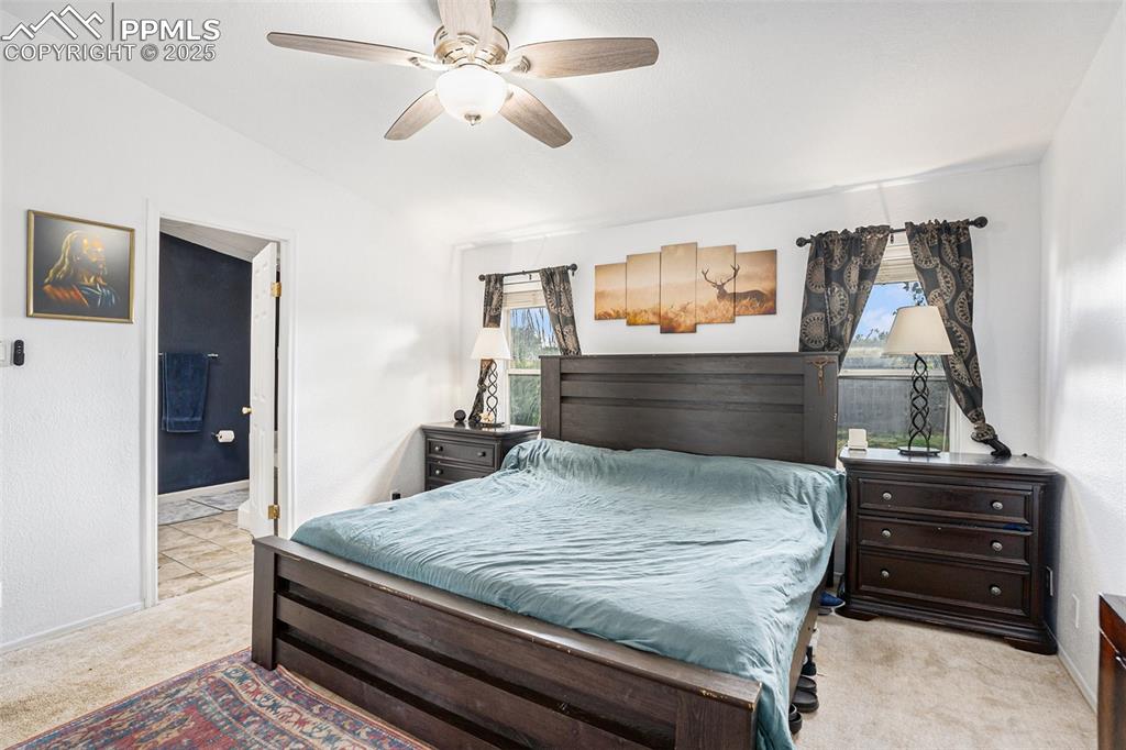 Image 13 of 24: Bedroom with light colored carpet, a ceiling fan, vaulted ceiling, and conn