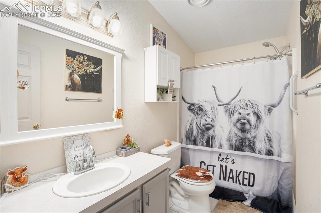 Image 18 of 24: Full bath featuring vanity and a shower with shower curtain
