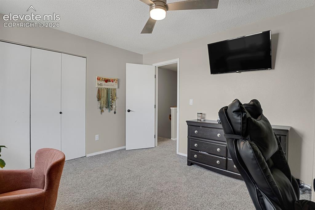 Image 20 of 32: Textured carpeting, neutral wall paint, ceiling fan, white bi-fold closet d