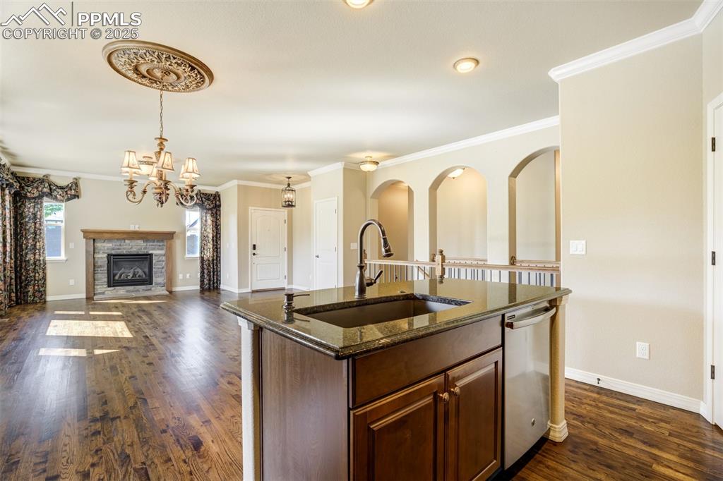 Image 9 of 36: Kitchen featuring stainless steel dishwasher, a fireplace, dark stone count