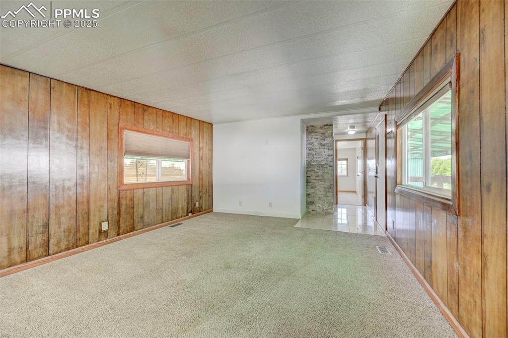 Image 6 of 26: Carpeted spare room featuring wooden walls and healthy amount of natural li