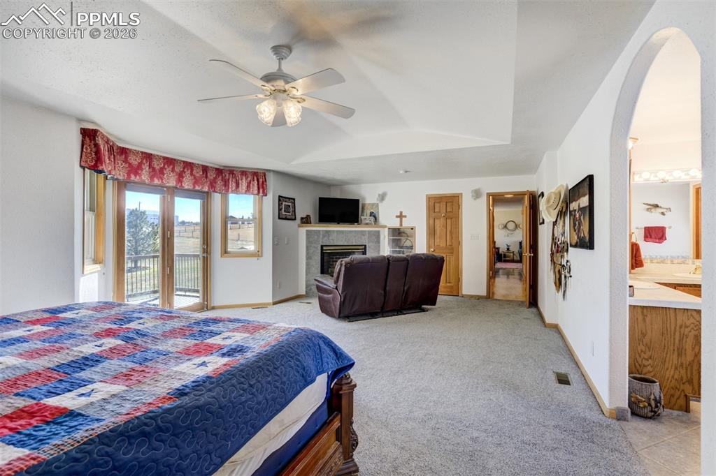 Image 21 of 50: Bedroom with light carpet, access to outside, arched walkways, a fireplace,