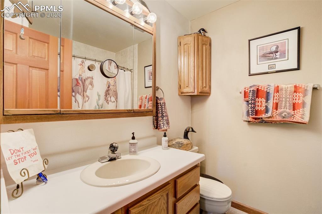 Image 31 of 50: Bathroom with vanity and curtained shower