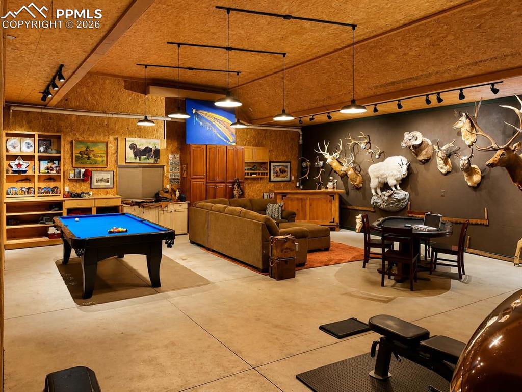 Image 48 of 50: Spacious recreation area featuring concrete flooring, track lighting, built