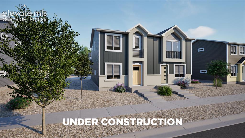 Image 1 of 24: Contemporary exterior featuring dark gray vertical siding, light gray stucc