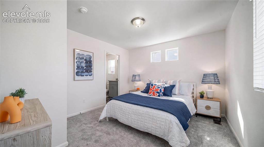 Image 6 of 24: Carpeted room featuring white walls, two high-set windows, a ceiling-mounte