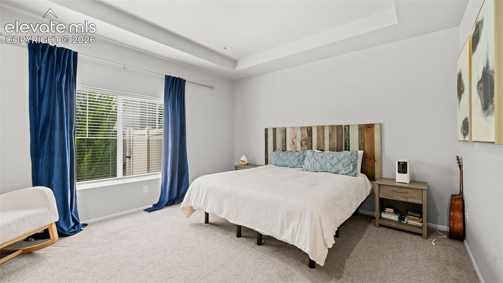 Image 15 of 34: Carpeted room featuring a large window with horizontal blinds, a tray ceili