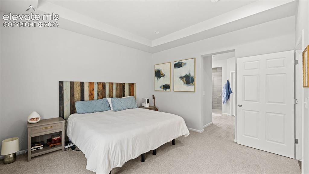 Image 16 of 34: Spacious bedroom featuring light neutral carpet flooring and a tray ceiling