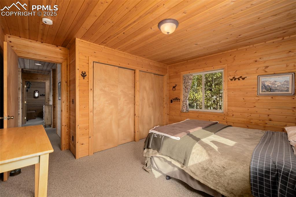 Image 19 of 48: Bedroom with carpet, wood walls, and wood ceiling