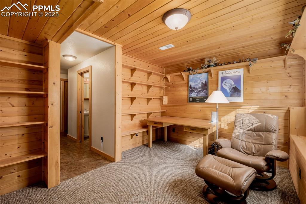 Image 25 of 48: Sitting room with wooden ceiling, carpet flooring, and wooden walls