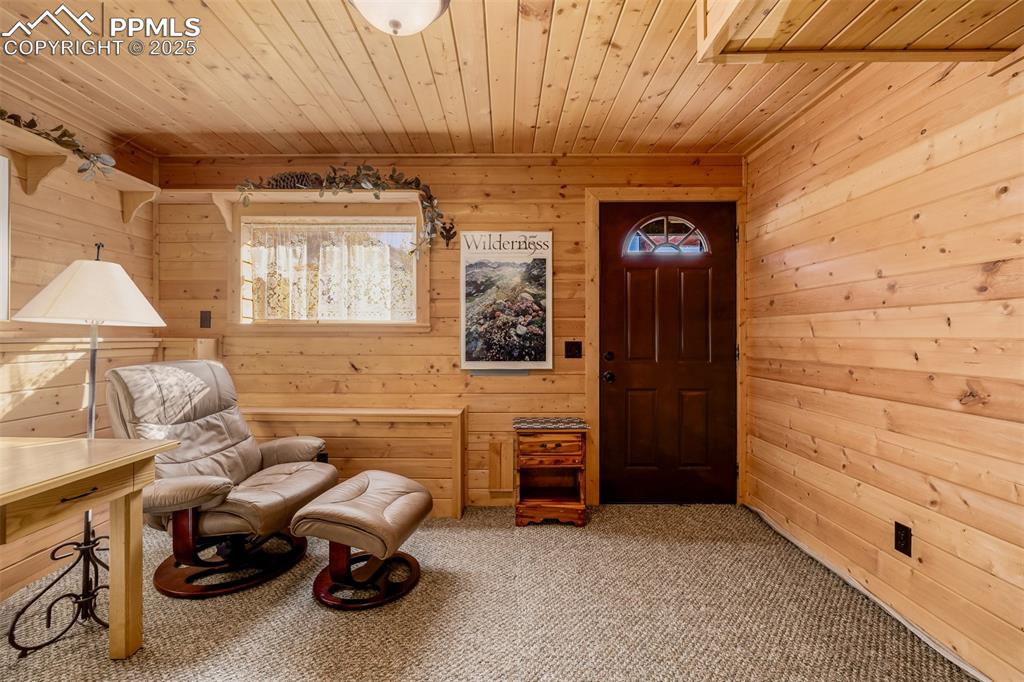 Image 26 of 48: Living area with carpet floors, wooden walls, and wood ceiling