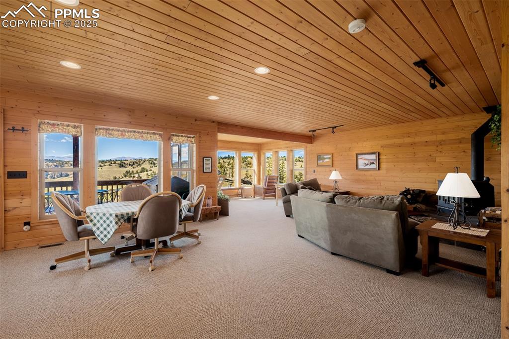 Image 8 of 48: Carpeted living area with wooden walls, a wood stove, wooden ceiling, rail 