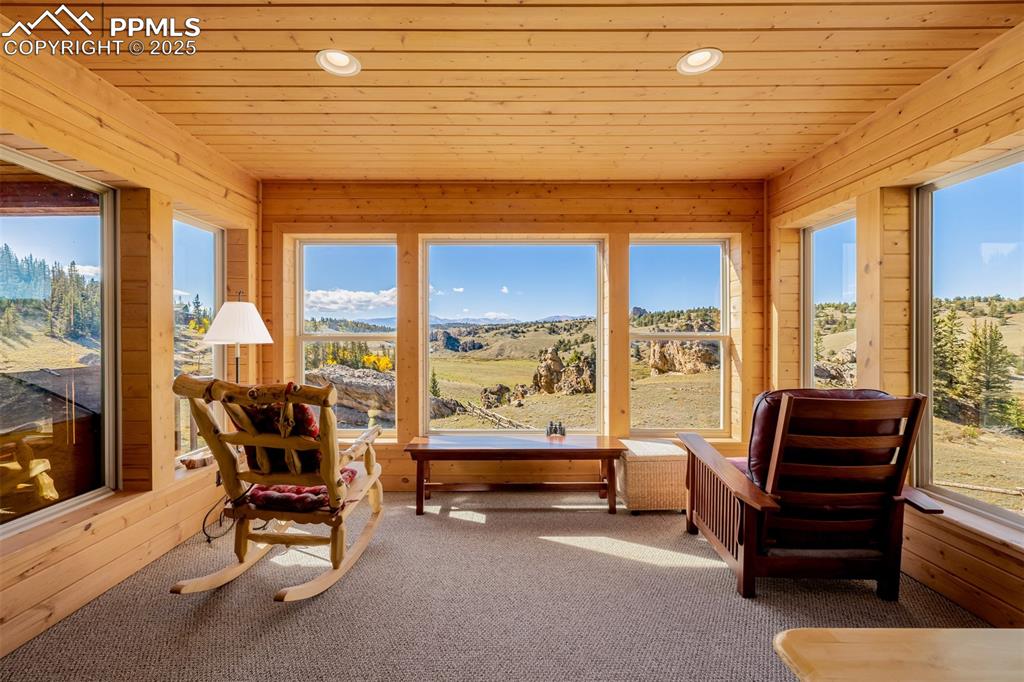 Image 9 of 48: Sunroom / solarium featuring carpet floors, recessed lighting, wood ceiling