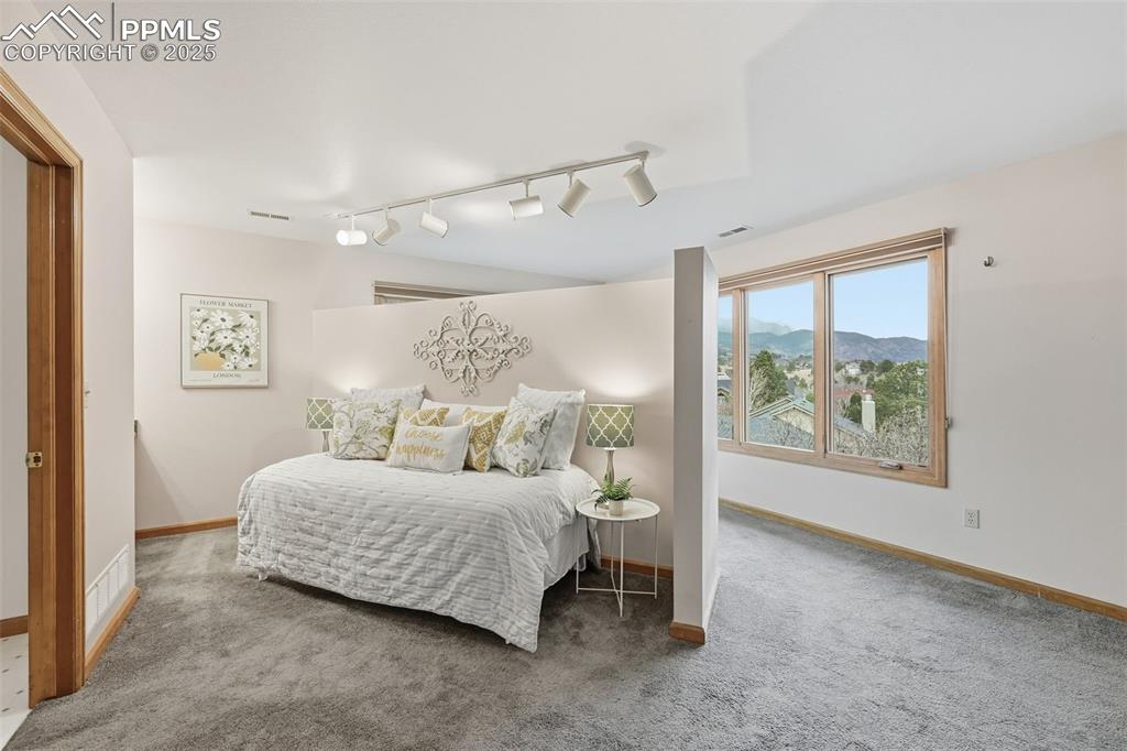 Image 32 of 49: Carpeted bedroom with track lighting and a mountain view