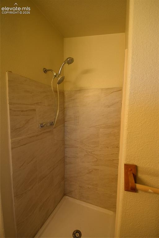 Image 34 of 48: Tiled shower stall featuring a showerhead with an attached handheld sprayer