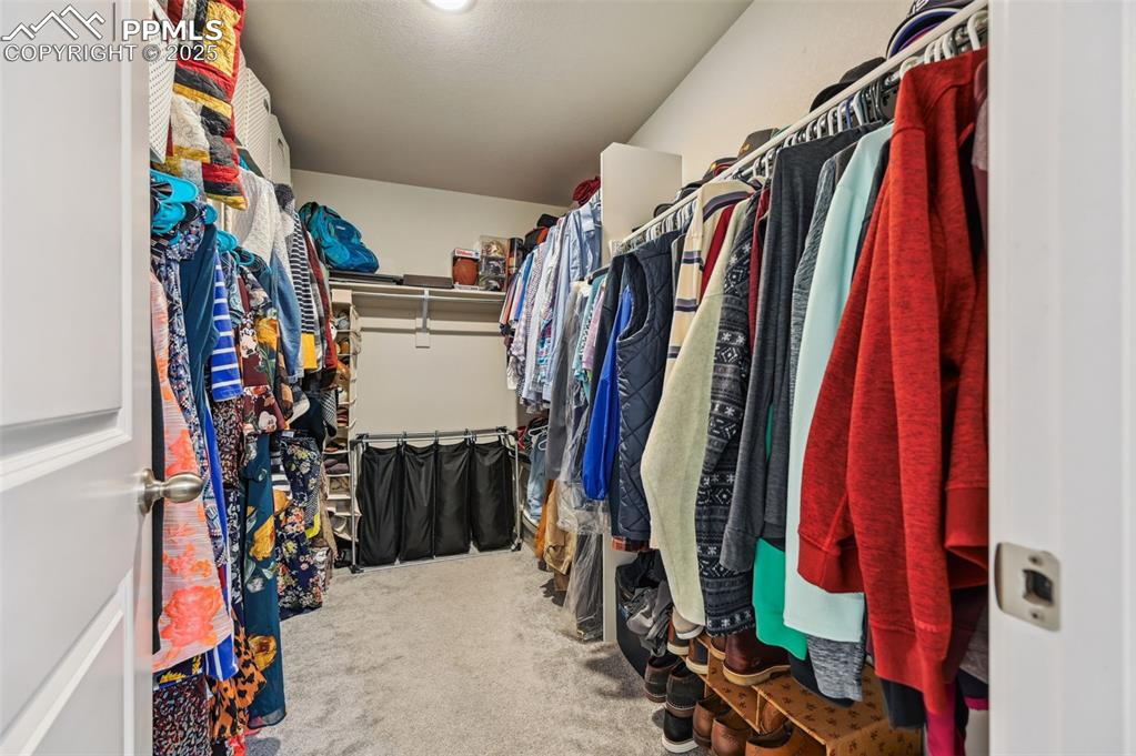 Image 11 of 46: Walk in closet featuring light colored carpet