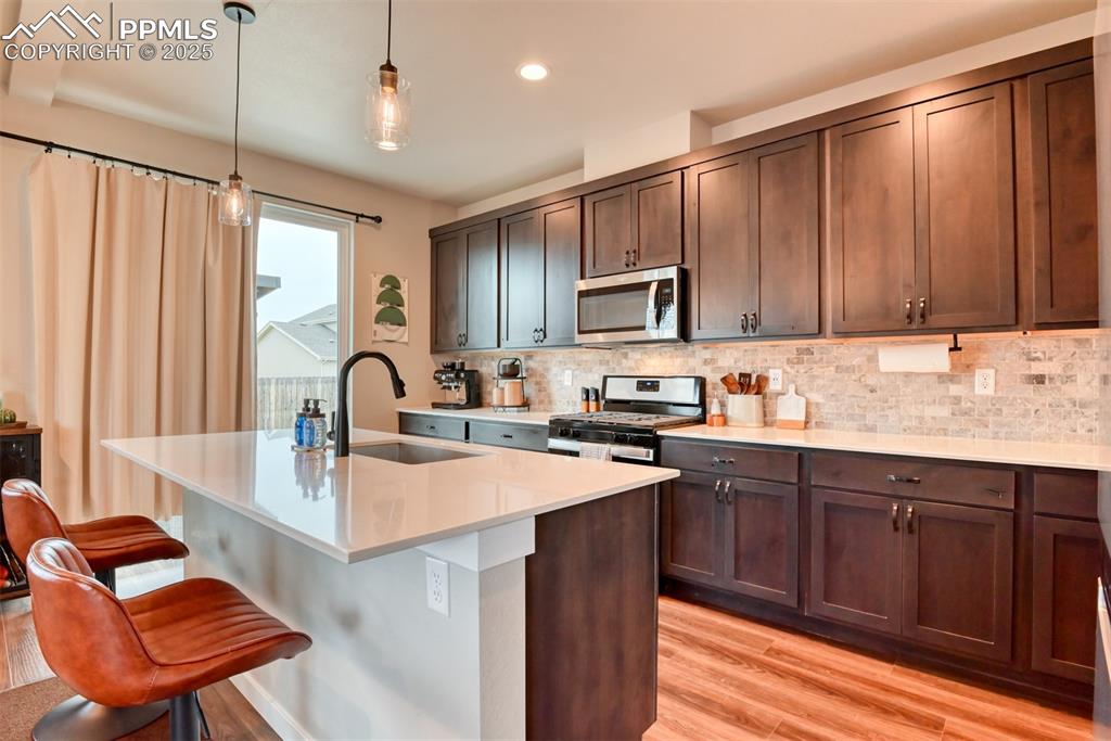 Image 48 of 50: Kitchen with light wood finished floors, appliances with stainless steel fi