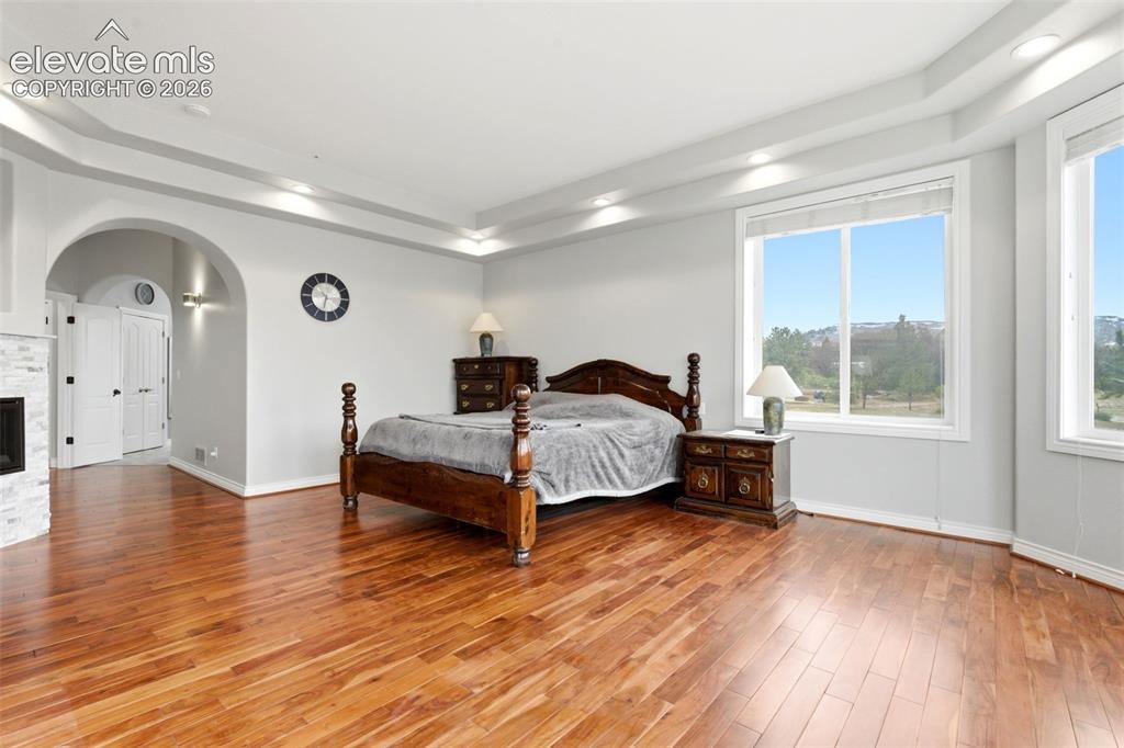 Image 21 of 46: Hardwood flooring, tray ceiling with recessed lighting, stone-clad fireplac