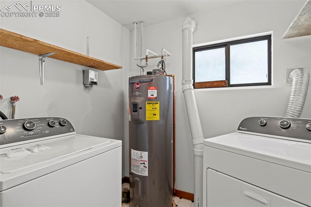 Image 23 of 50: Laundry room featuring washer / dryer and electric water heater