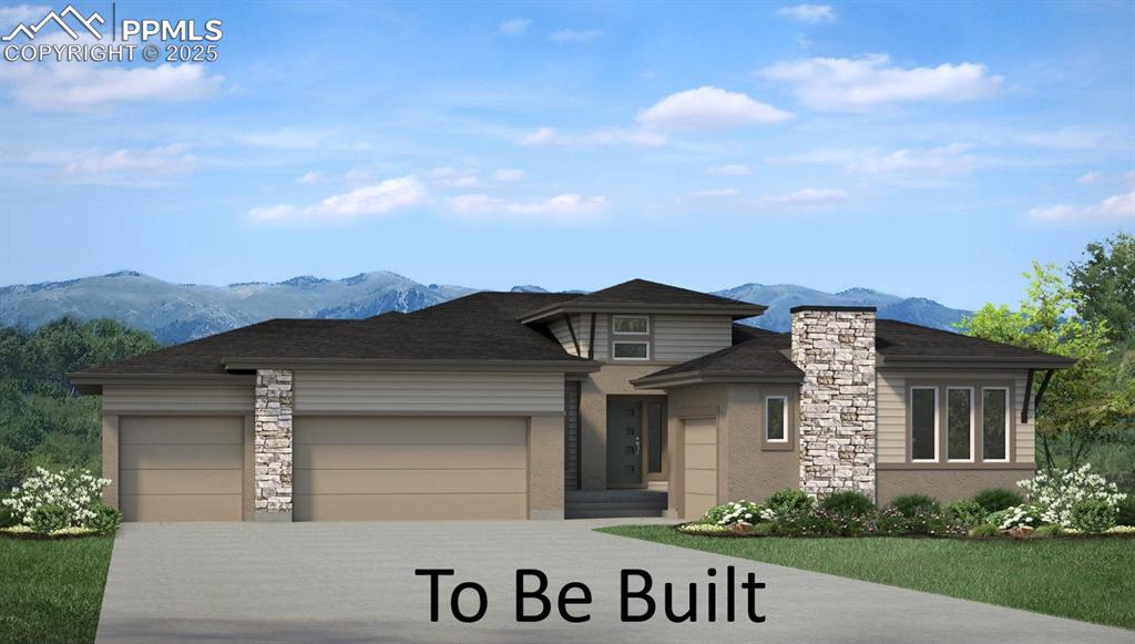 Caption: Prairie-style house featuring a mountain view, an attached garage, and driveway