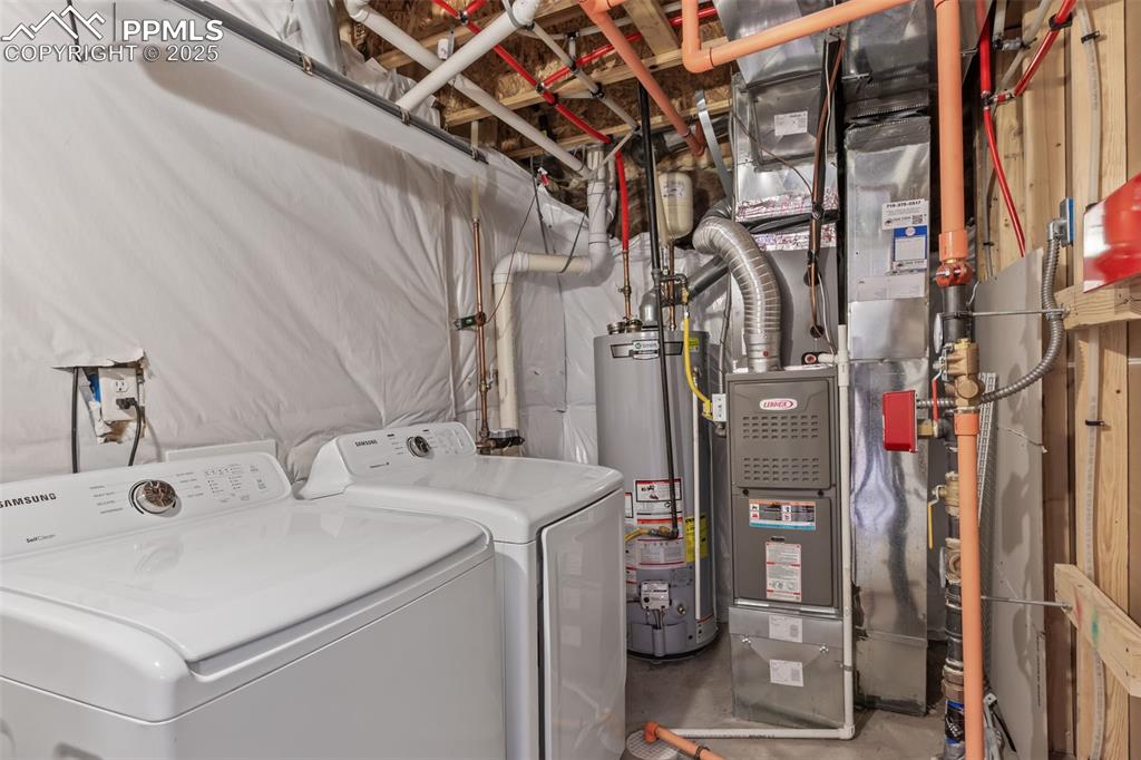 Image 38 of 41: Laundry room featuring water heater, heating unit, concrete flooring, and s