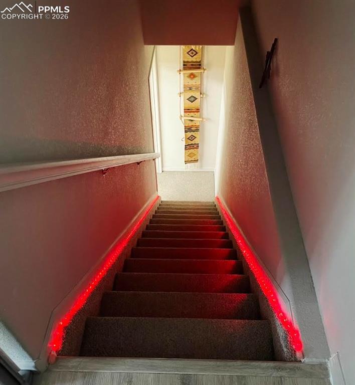 Image 24 of 50: Carpeted stairs to basement with optional safety lights