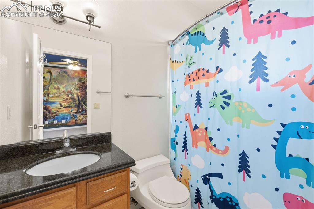 Image 27 of 43: Full bath with vanity and curtained shower