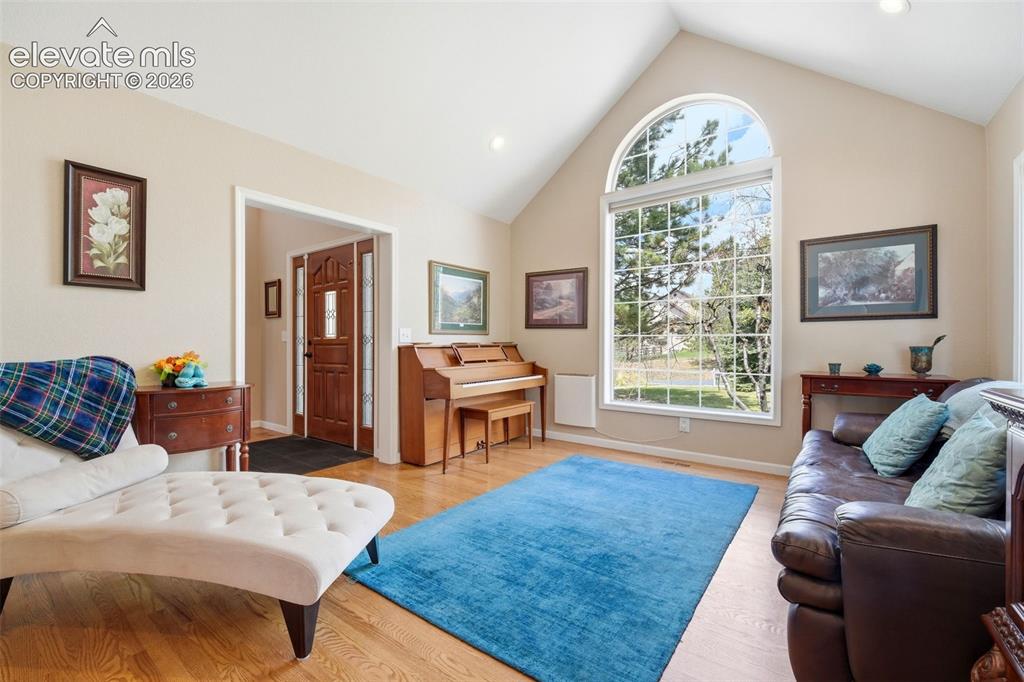 Image 12 of 41: Vaulted ceiling living area featuring a large arched window with grid detai