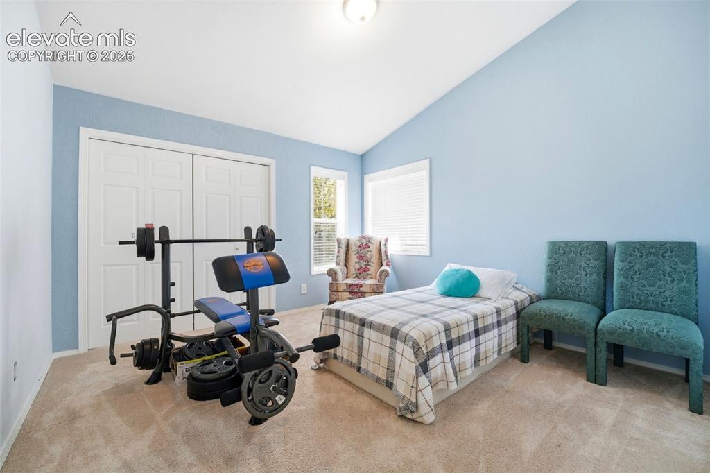 Image 22 of 41: Vaulted ceiling room with light blue wall finish and neutral carpet floorin