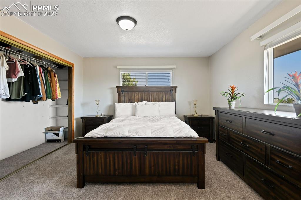Image 19 of 40: Carpeted bedroom with a closet and a textured ceiling