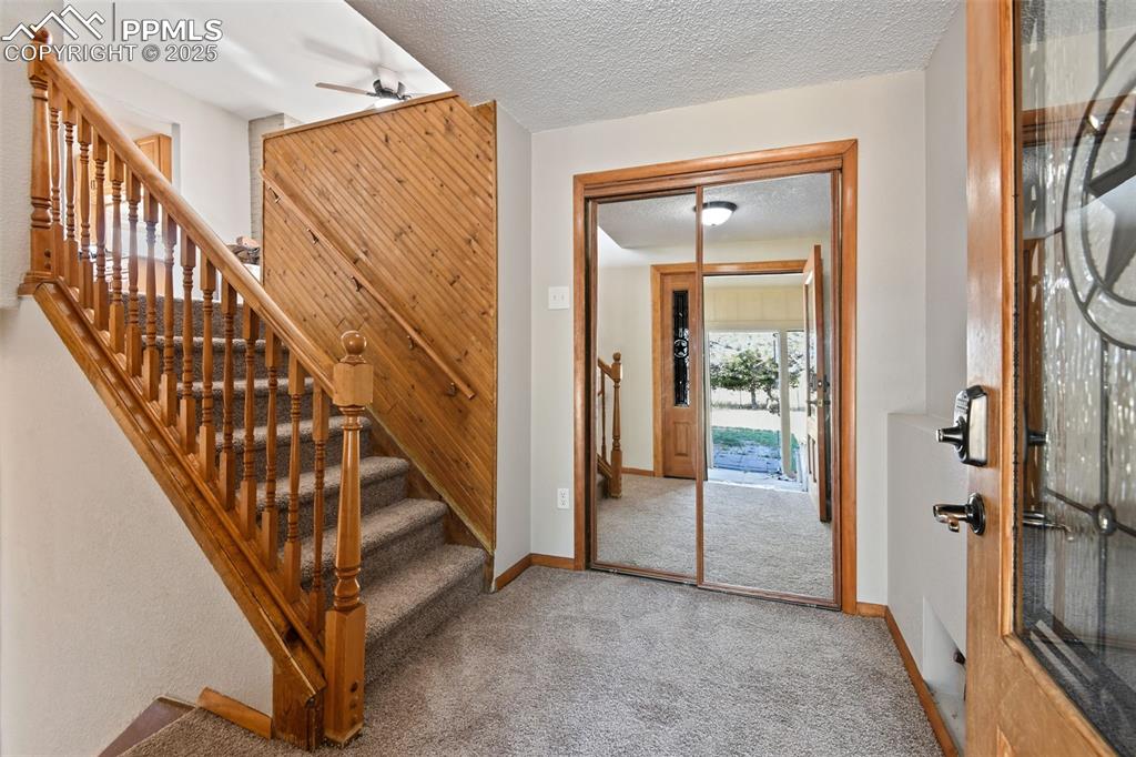 Image 5 of 40: Stairs featuring a textured ceiling and carpet floors