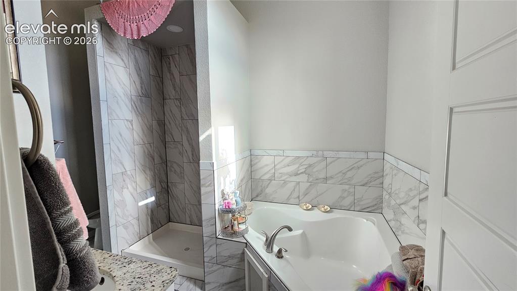 Image 23 of 48: Bathroom featuring a corner soaking tub, a tiled shower enclosure, a vanity