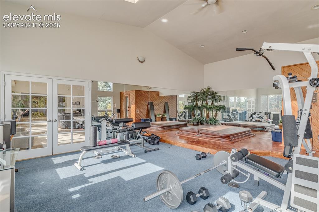Image 22 of 32: Workout area featuring french doors, high vaulted ceiling, a ceiling fan, r