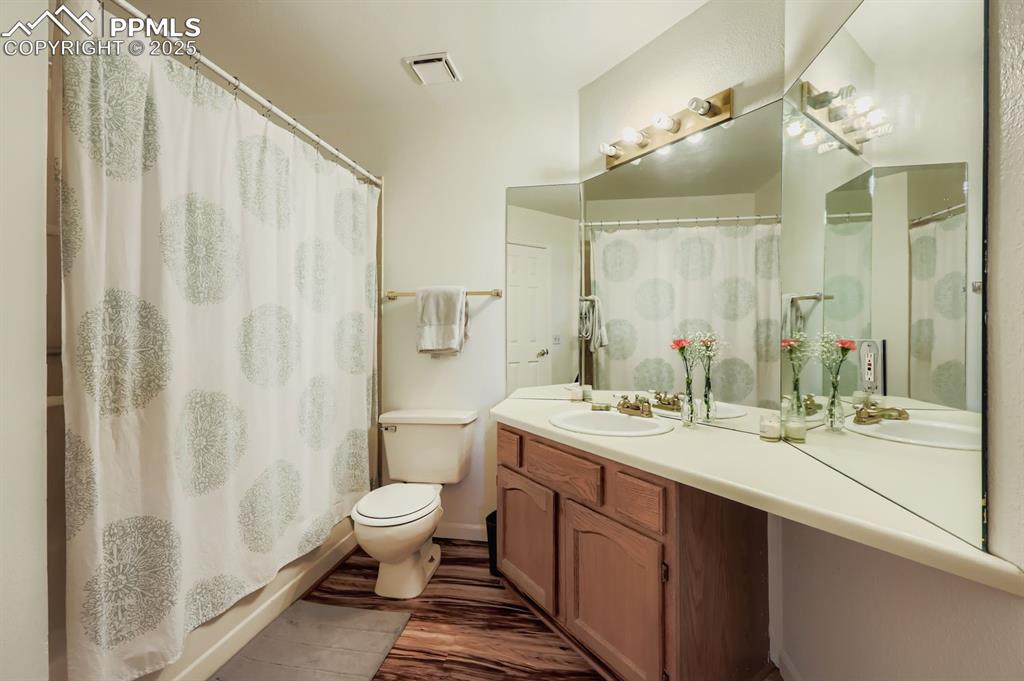 Image 14 of 25: Bathroom featuring vanity, dark wood-style floors, and a shower with curtai