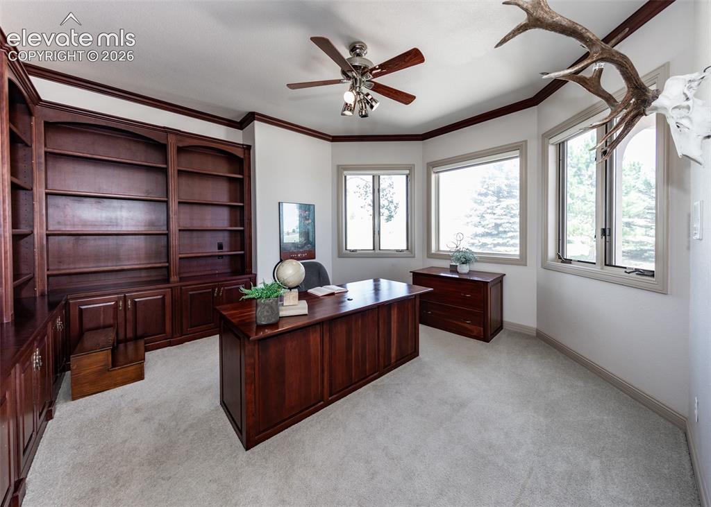 Image 26 of 50: Built-in wood cabinetry and shelving complement the wood-finish trim and cr