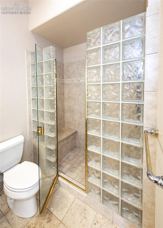 Image 29 of 50: Walk-in shower with clear glass block walls and a built-in bench