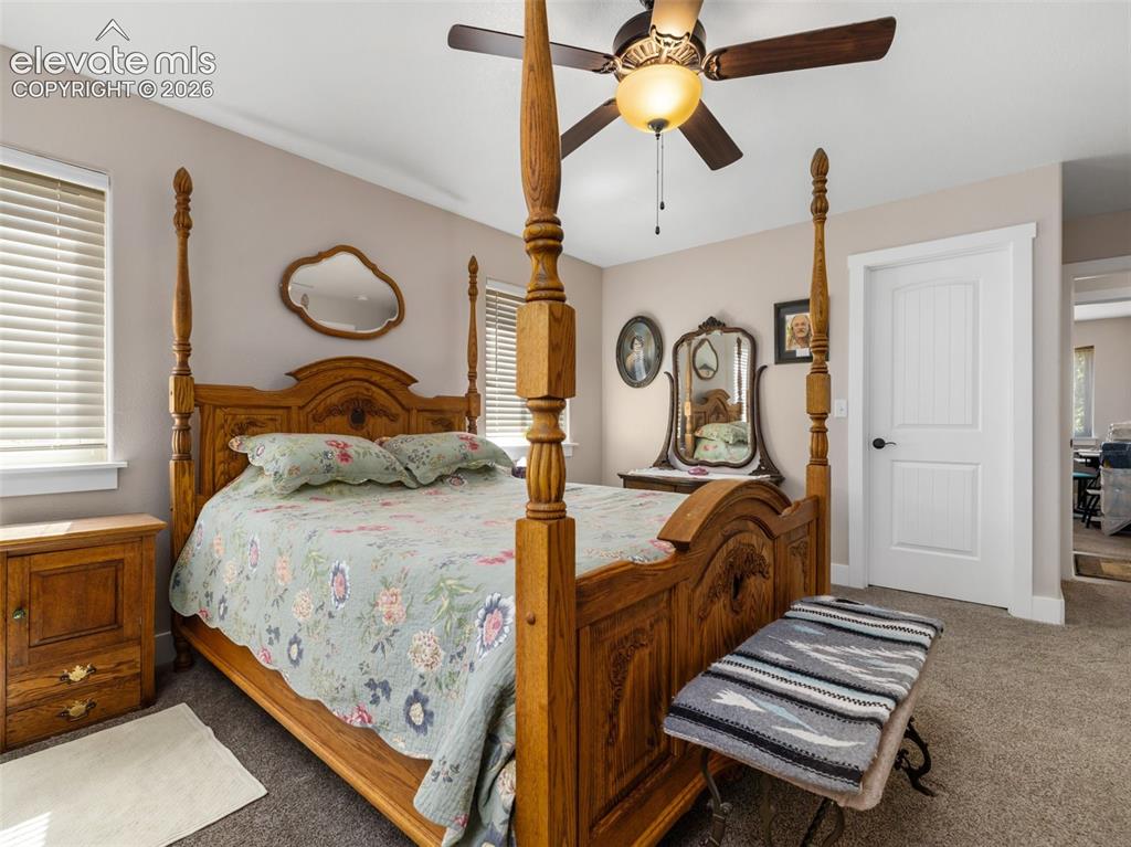 Image 18 of 21: Window with blinds, ceiling fan with light fixture, paneled interior door, 