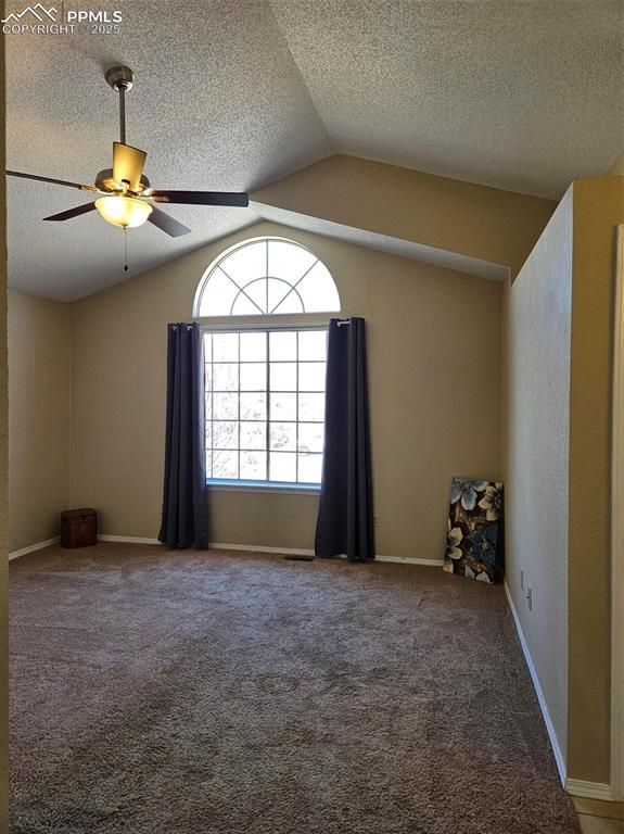 Image 11 of 27: Primary bedroom with vaulted ceilings; ceiling fan; arched window