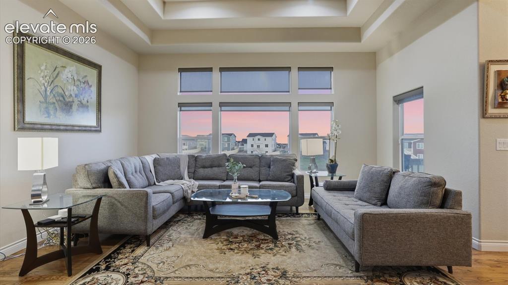 Image 26 of 50: Spacious main level Living Room with tray ceiling and wall of windows.