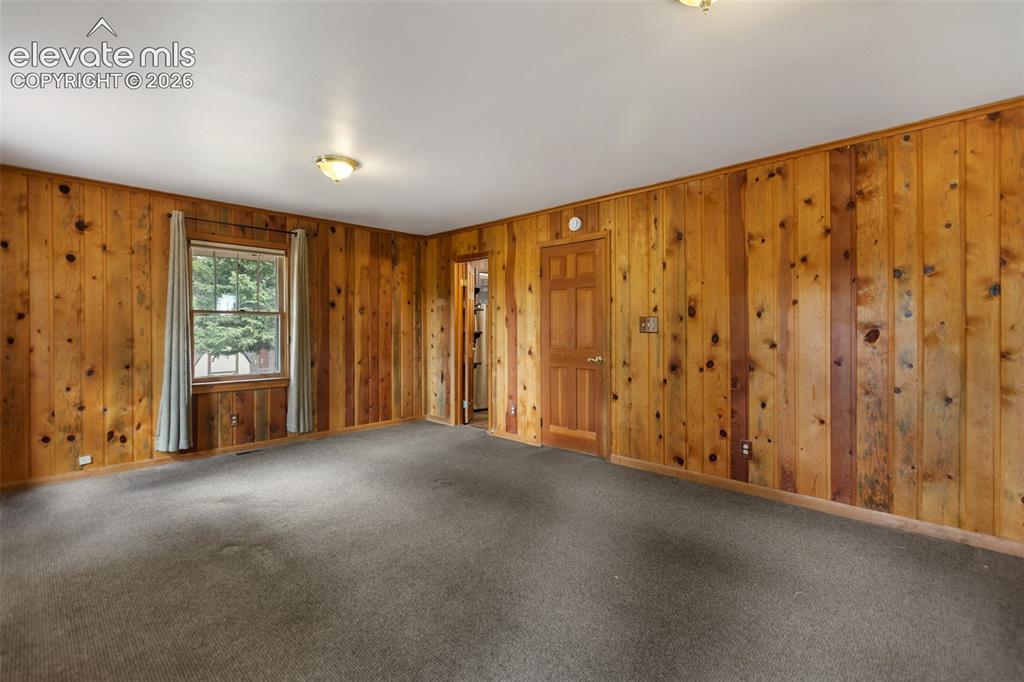 Image 28 of 36: Room featuring wood paneling on walls, white ceiling, carpet flooring, a wi