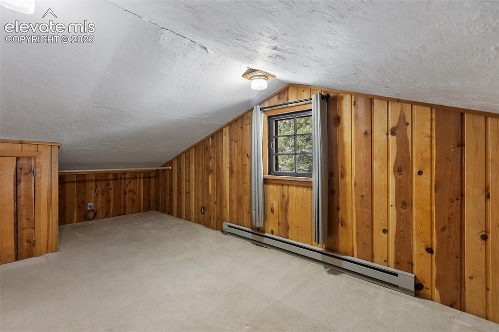 Image 30 of 36: Room featuring wood paneling, a sloped ceiling, and neutral carpeting