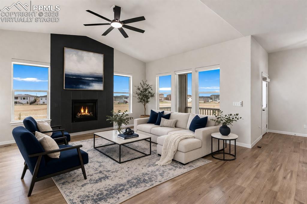 Image 2 of 46: Bright living room with modern fireplace (virtually staged)