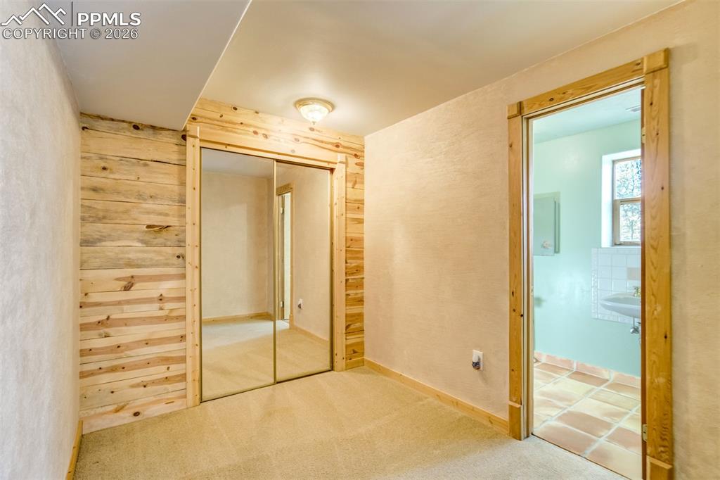 Image 33 of 45: Sitting room and closet for basement bedroom with carpet, large closet