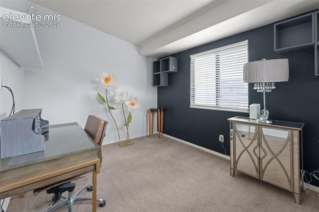 Image 20 of 28: Window with blinds, wall-mounted shelving, and carpeting