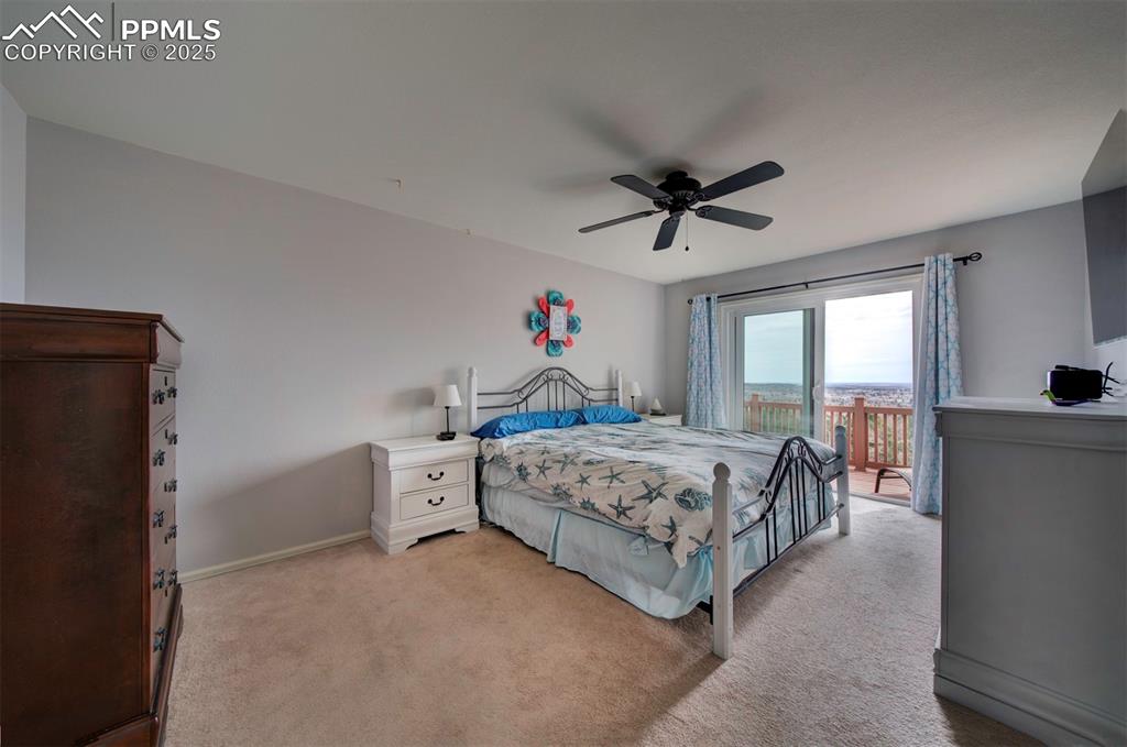 Image 11 of 44:  Front view of Huge Carpeted master bedroom with access to outside and a ce