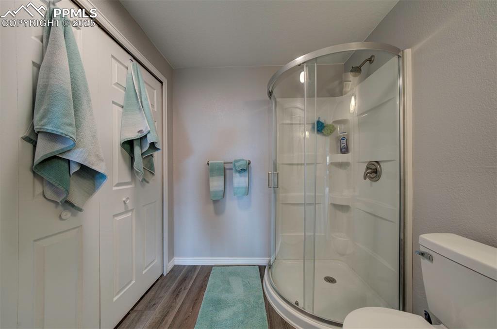 Image 33 of 44:  front view of Basement Bathroom featuring a stall shower and wood finished