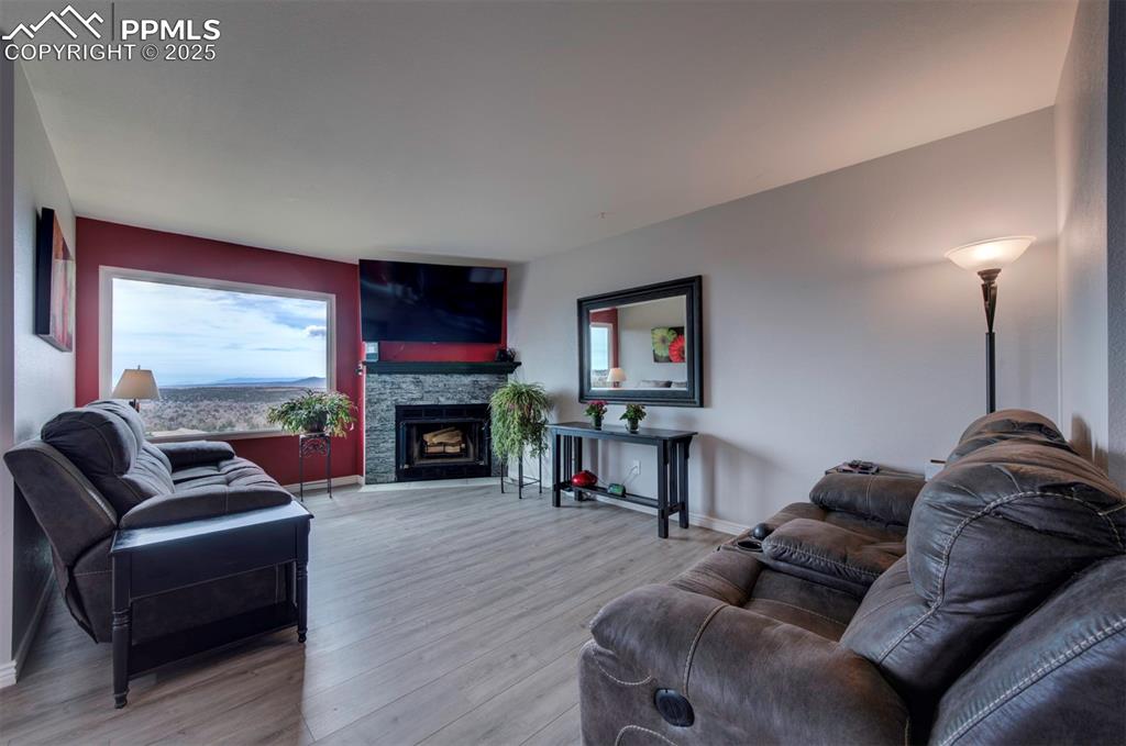 Image 4 of 44: Living room featuring wood finished floors and a stone wood burning firepla